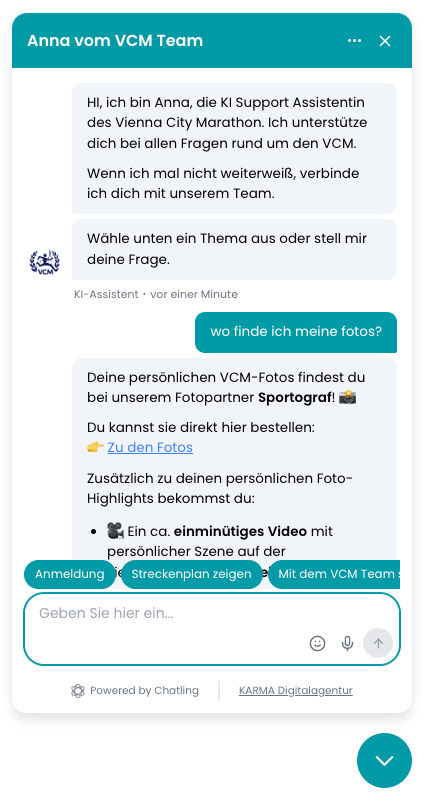 Chatfenster des VCM-Assistenten: Auf die Frage „wo finde ich meine fotos?“ antwortet er mit dem Verweis auf den Fotopartner und einem Bestell-Link. Darunter Schaltflächen für die häufigsten Themen.